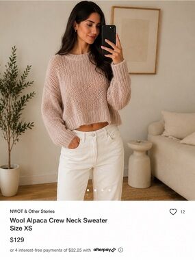 NWOT & Other Stories Alpaca Wool Blend Sheer Cropped Sweater XS Blush Pink